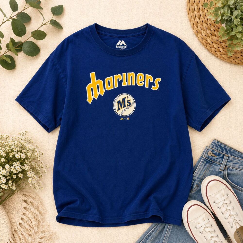 Vintage Seattle Mariners Majestic T Shirt XL MLB Baseball Blue Graphic Tee